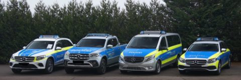 Mit Sicherheit fit für die Zukunft: Mercedes-Benz auf der GPEC 2020 Foto (v.l.n.r.): GLC, X-Klasse, Vito Tourer und E-Klasse T-Modell in Polizeioptik 