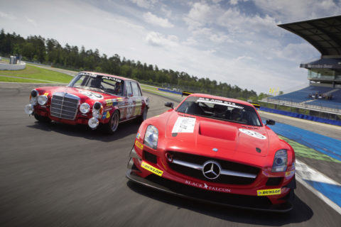 Jubiläum: Zehn Jahre Mercedes-AMG Customer Racing - GT-Erfolge made in Affalterbach Foto: AMG 300 SEL 6.8 (links) und der SLS AMG GT3 